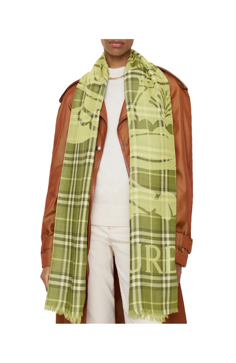Burberry Wide EKD Check Wool Silk Scarf, Alternate, color, Pea Green