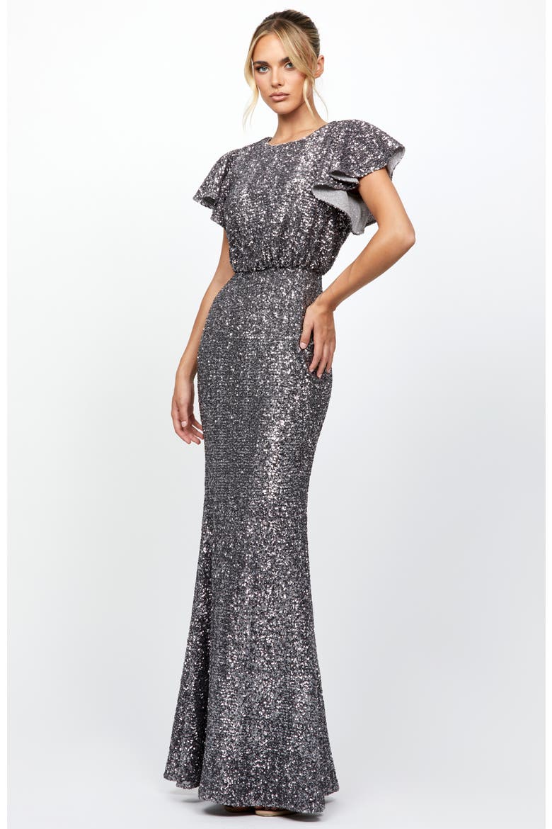 Teresa Flutter Sleeve Gown, Alternate, color, CHARCOAL