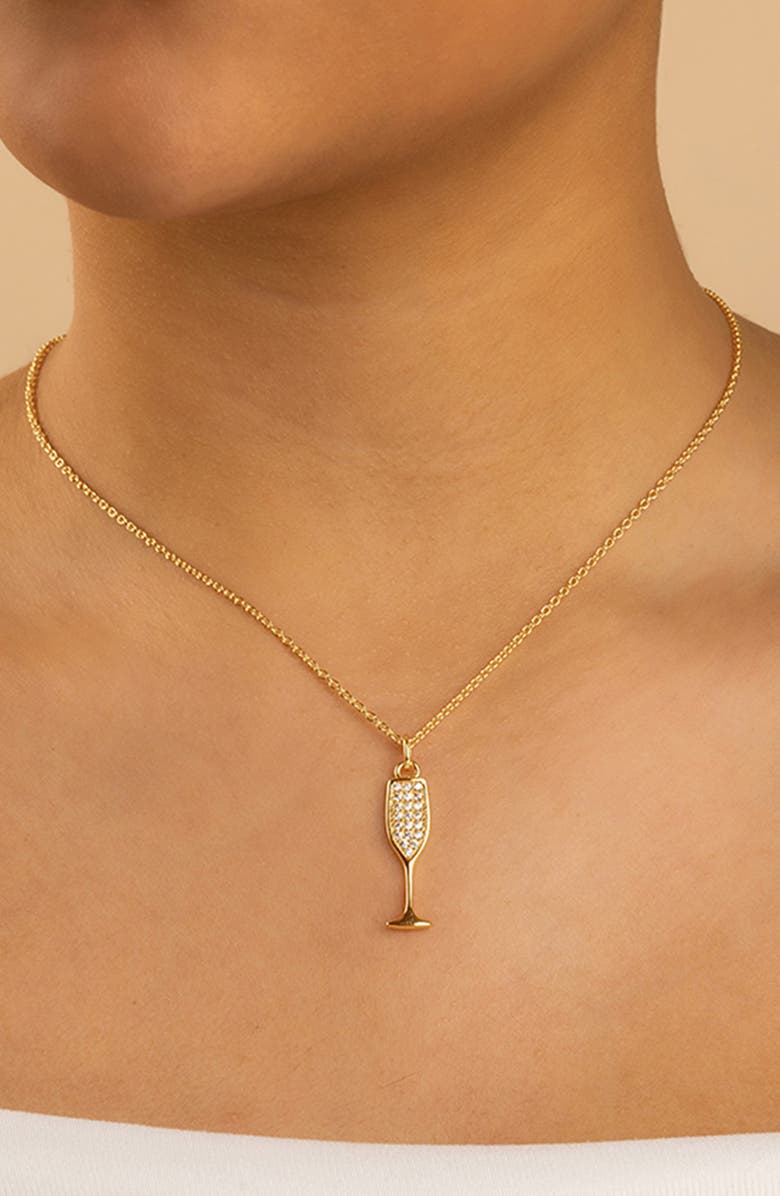 Sterling Forever Pavé Cubic Zircoia Champagne Flute Pendant Necklace, Alternate, color, Gold