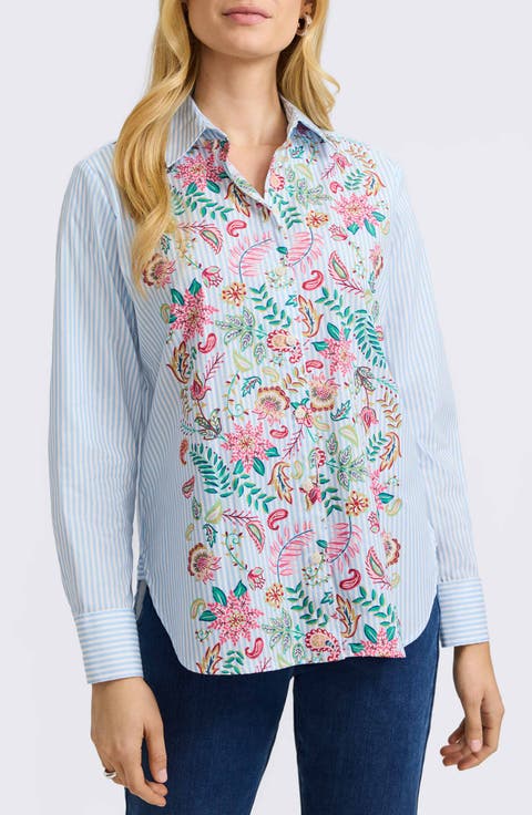 Meghan Stripe Floral Embroidered Cotton Button-Up Shirt