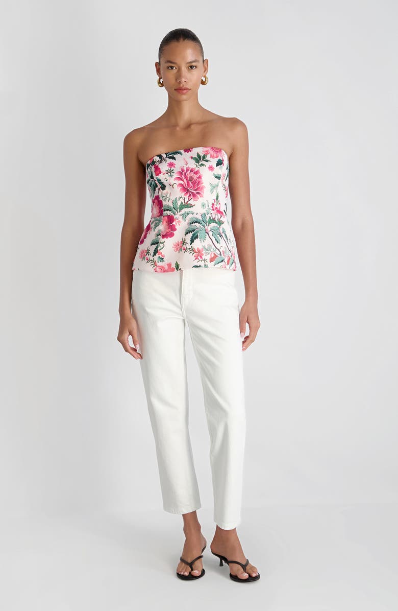 French Connection Christa Print Strapless Peplum Satin Top, Alternate, color, Pink Icing