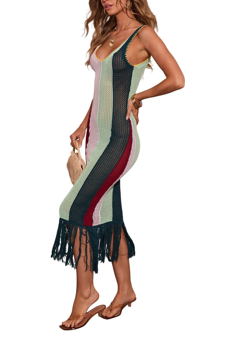 Marrion Stripe Open Stitch Fringe Midi Dress, Alternate, color, MULTI