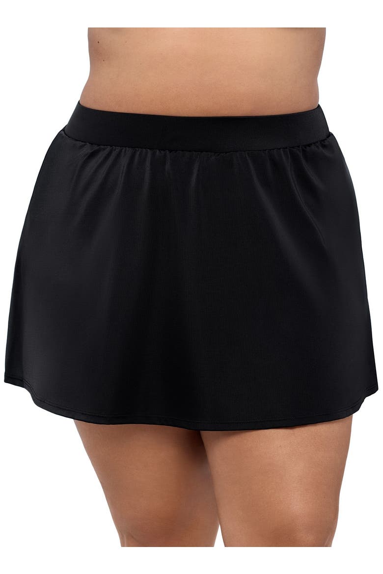 Mid-Rise Wide Waistband Control Plus Size Swim Skirt, Main, color, Black