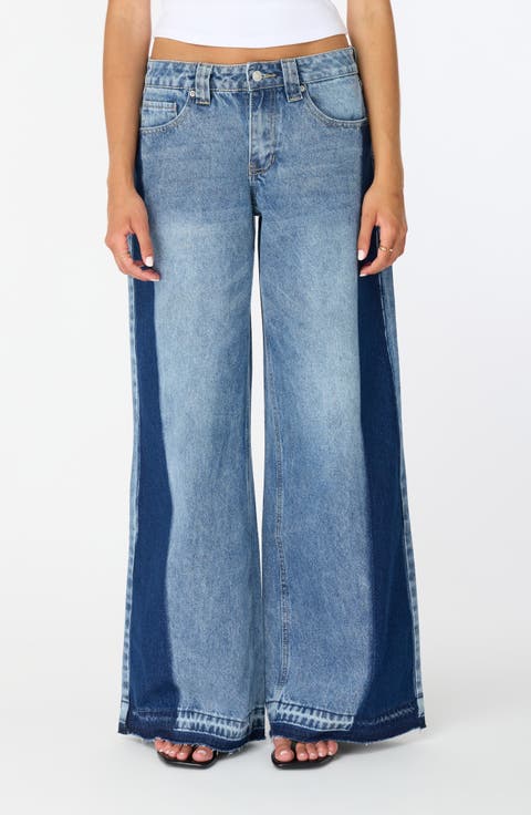 Maya Two-Tone Mid Rise Ultra Wide Leg Jeans