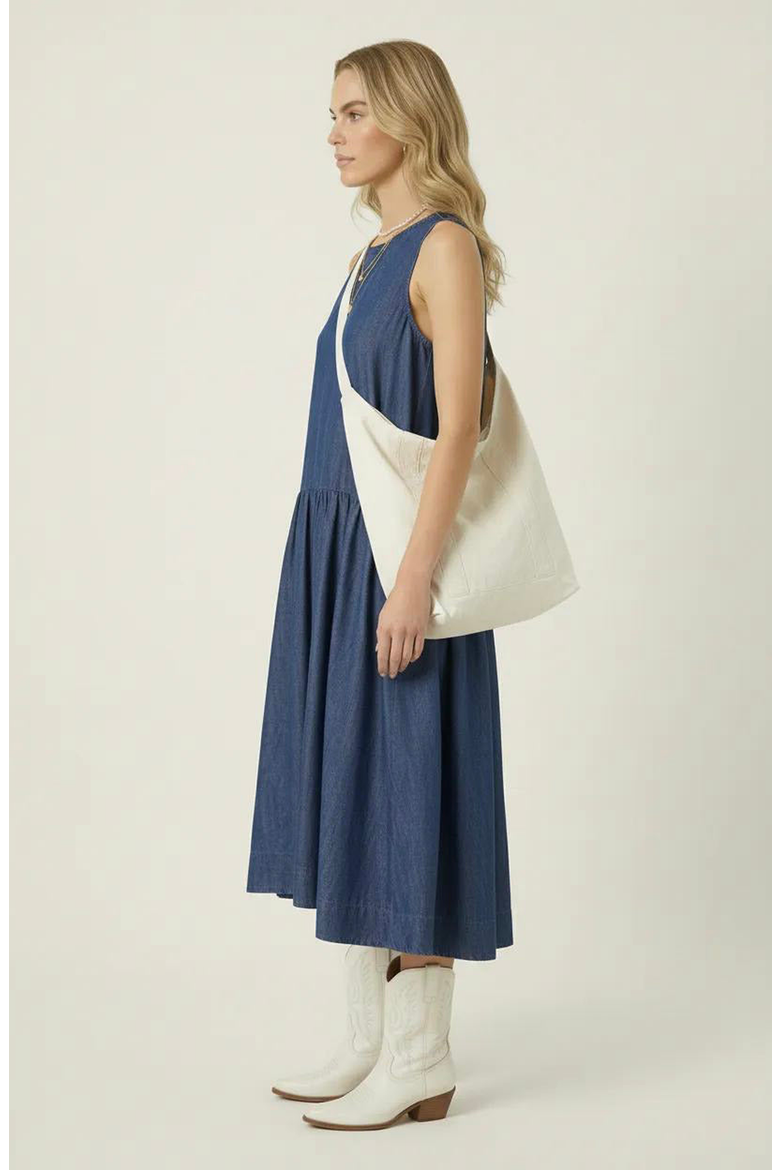 Sleeveless Drop-Waist Gathered Relaxed-Fit Midi Dress, Alternate, color, Blue