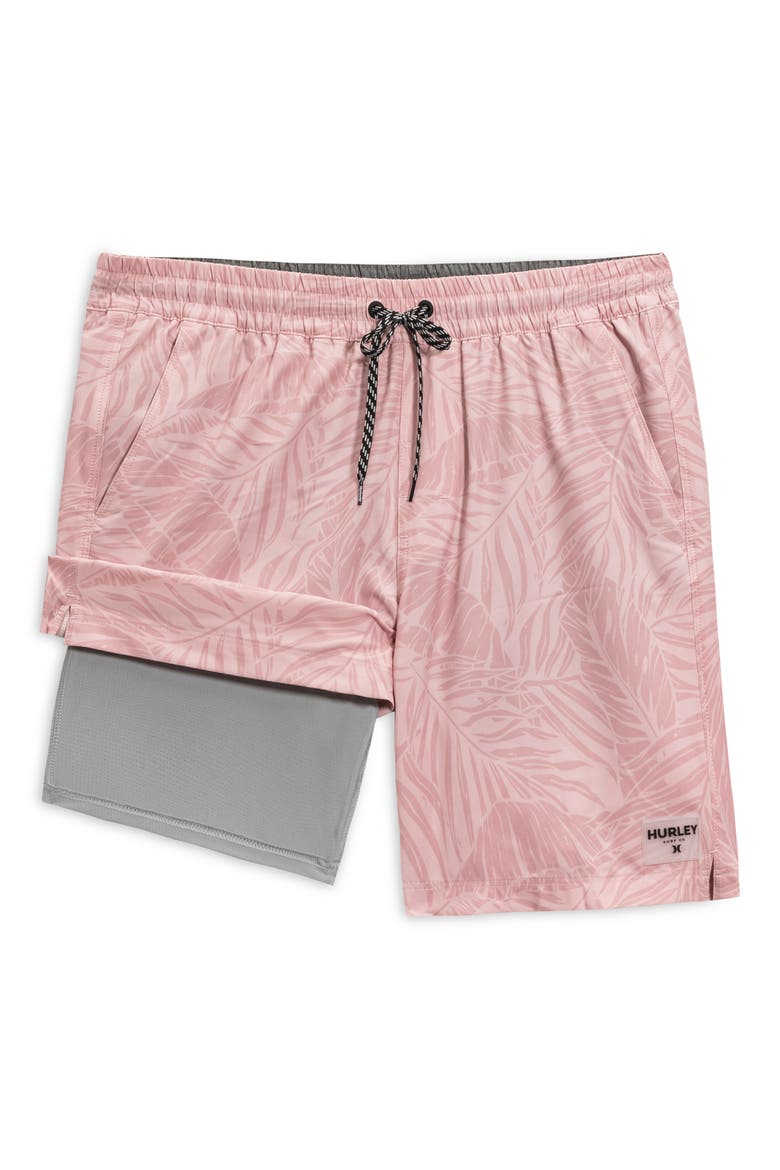 Tropic Leaves Volley Swim Shorts, Alternate, color, DARK BEIGE