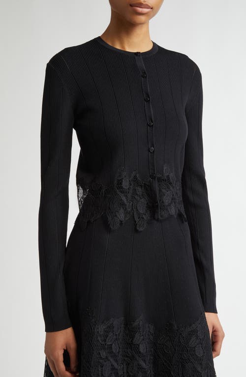 Lela Rose Guipure Lace Trim Rib Cardigan In Black