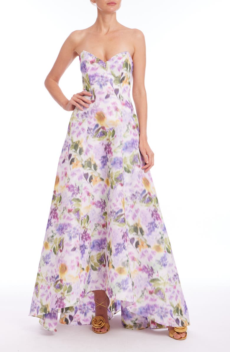 Badgley Mischka Collection Abstract Floral Strapless High-Low Taffeta Gown, Main, color, Lilac Multi