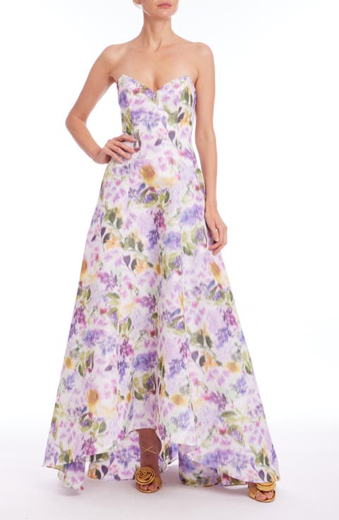 Abstract Floral Strapless High-Low Taffeta Gown