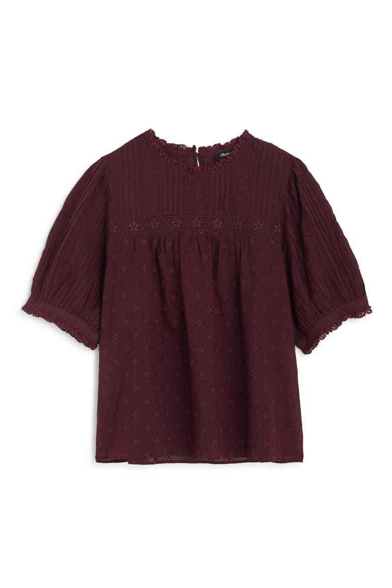 Embroidered Pintuck Crewneck Voile Top, Alternate, color, SMOKED CLARET