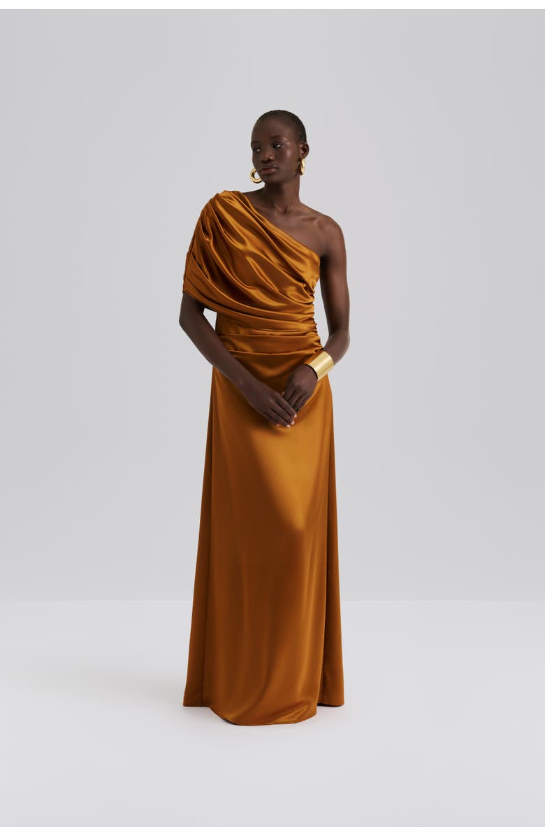 Malina Cassia Draped Fitted Maxi Dress, Main, color, Amber