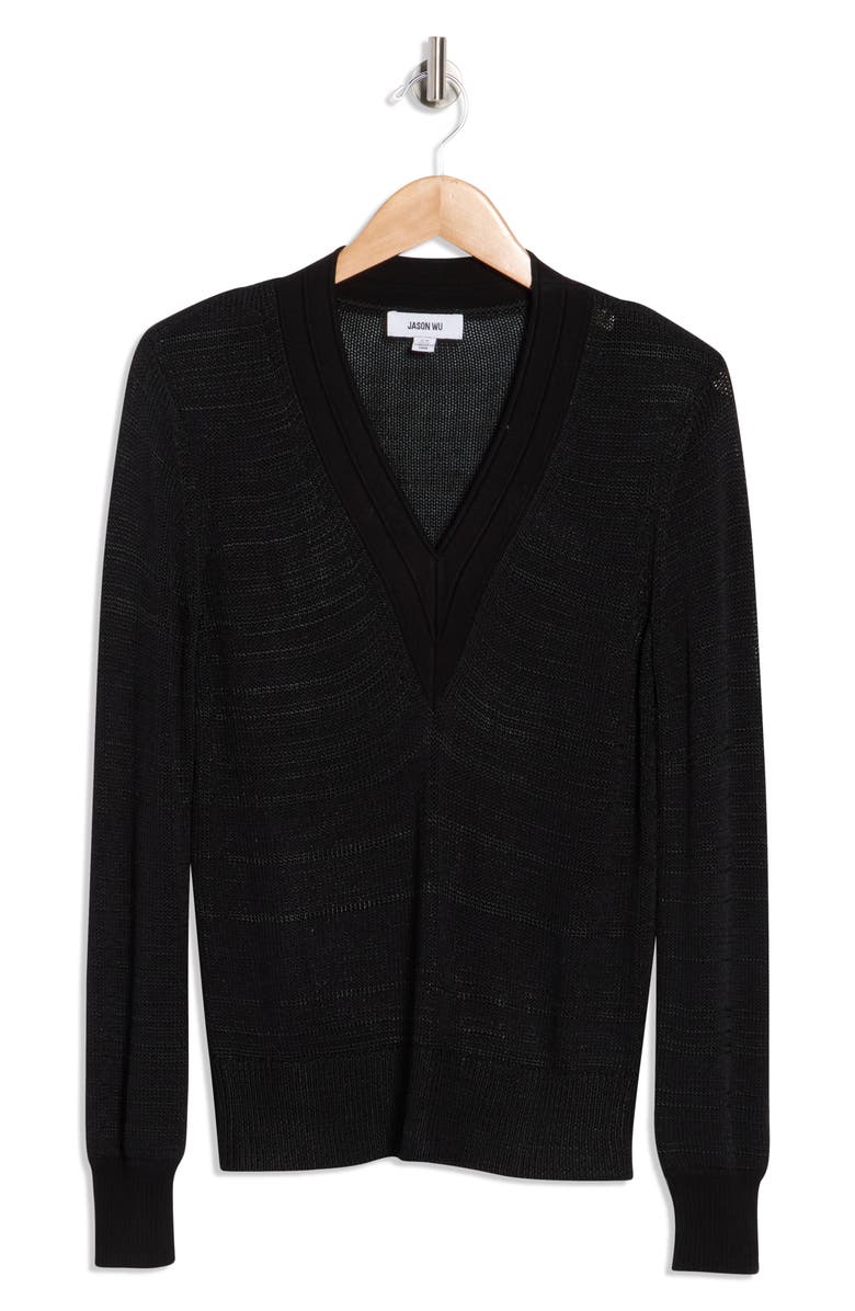 JASON WU Varsity V-Neck Sweater, Alternate, color, Black/ Black
