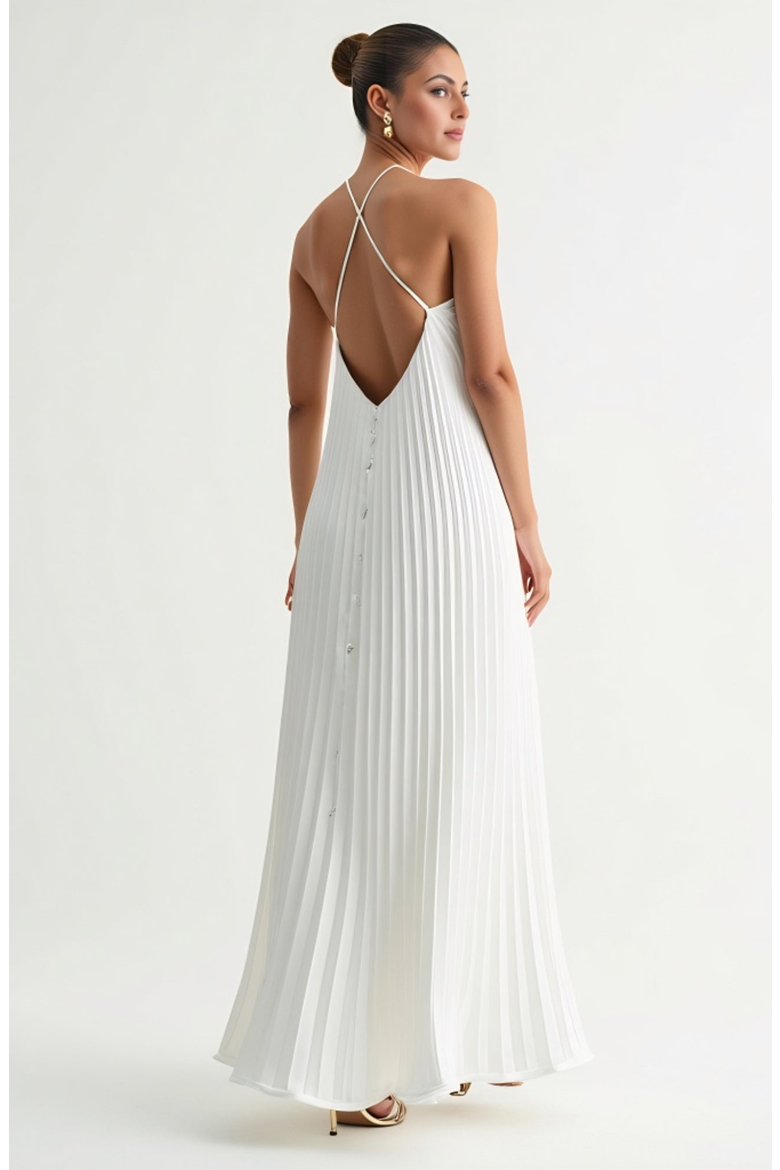 Backless Pleated Crisscross-Strap Maxi Dress, Alternate, color, White