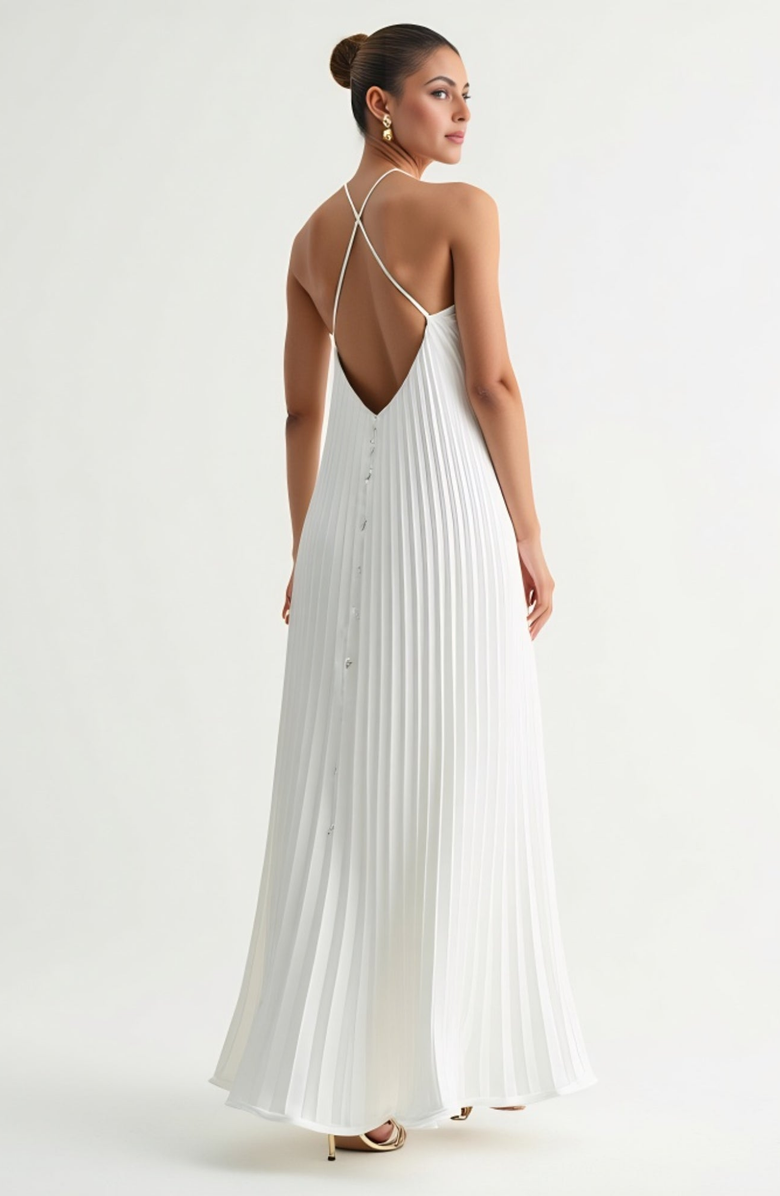 Modenaire Backless Pleated Crisscross-Strap Maxi Dress, Alternate, color, 