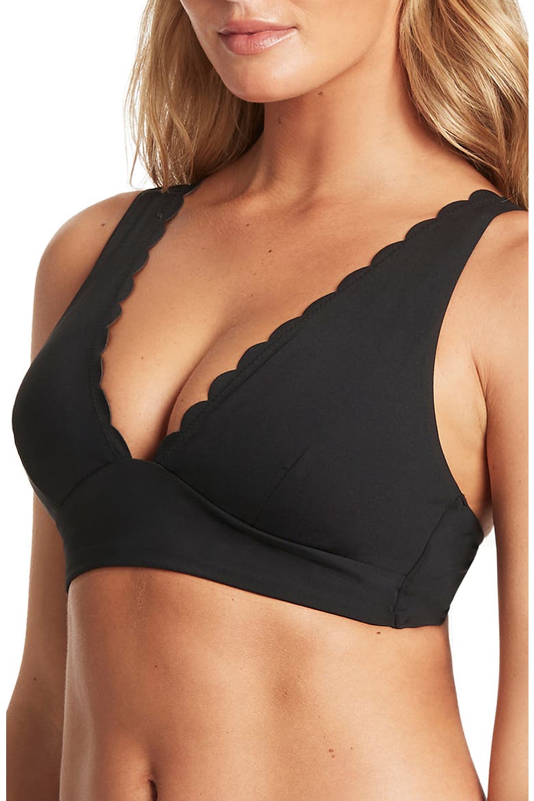 Scalloped Longline Bikini Top, Alternate, color, BLACK