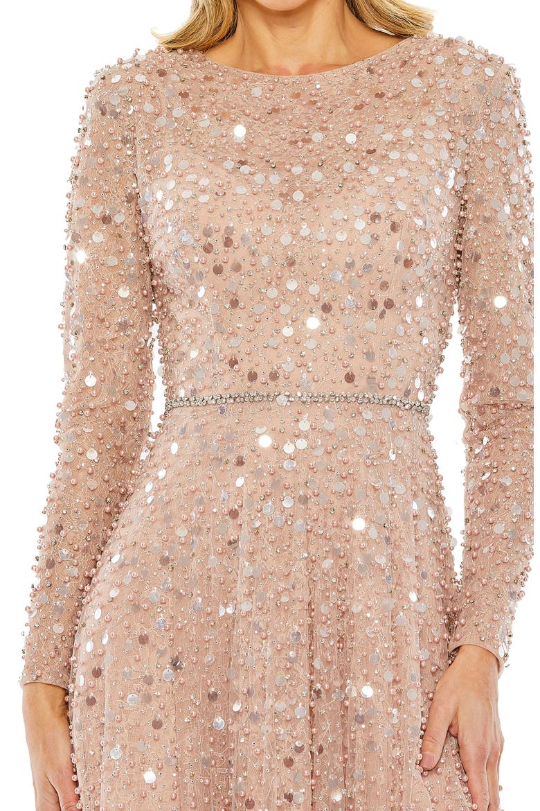 Disc Embellished Sequin Gown with Feather Detail, Alternate, color, Dusty Rose
