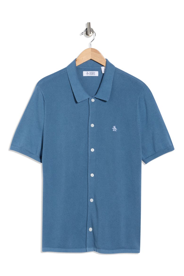 Honeycomb Short Sleeve Cotton Piqué Button-Up Shirt, Alternate, color, COPEN BLUE