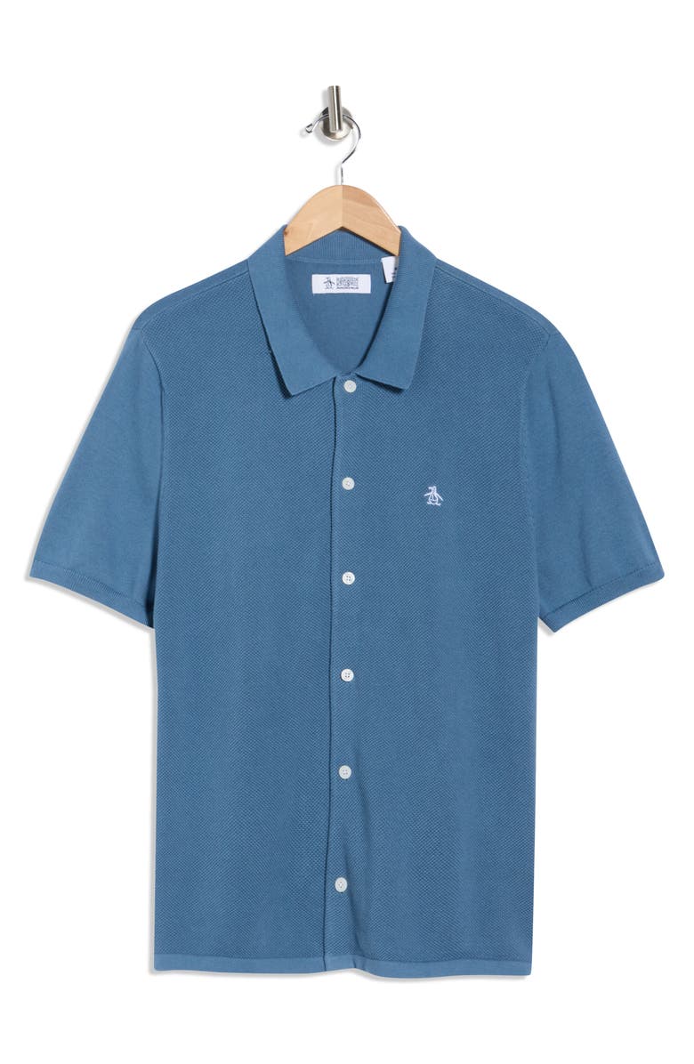Original Penguin Honeycomb Short Sleeve Cotton Piqué Button-Up Shirt, Main, color, Copen Blue
