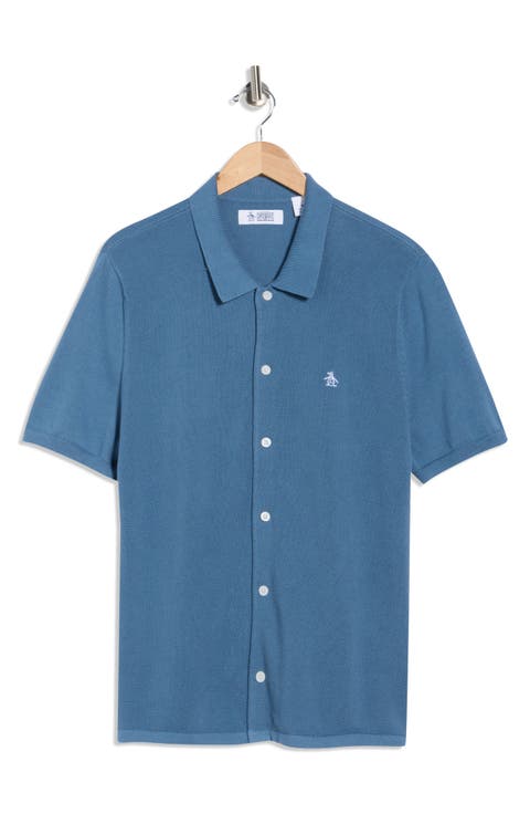 Honeycomb Short Sleeve Cotton Piqué Button-Up Shirt