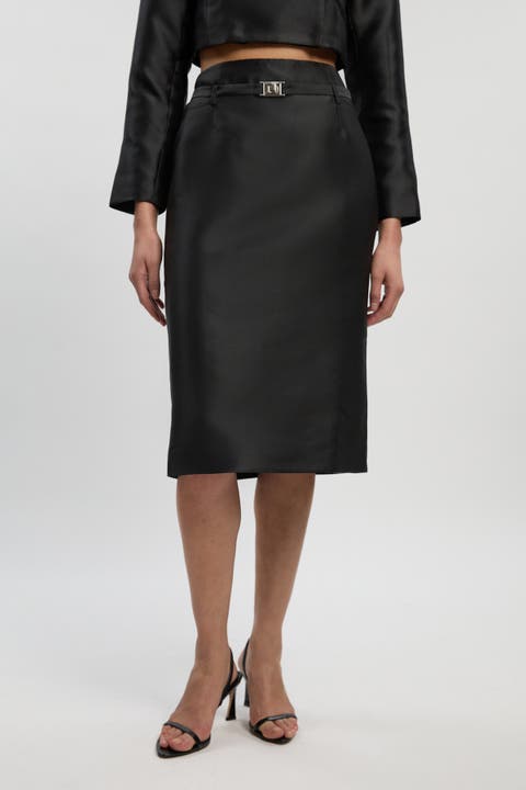 Satin Twill Belted Tailored Midi Skirt
