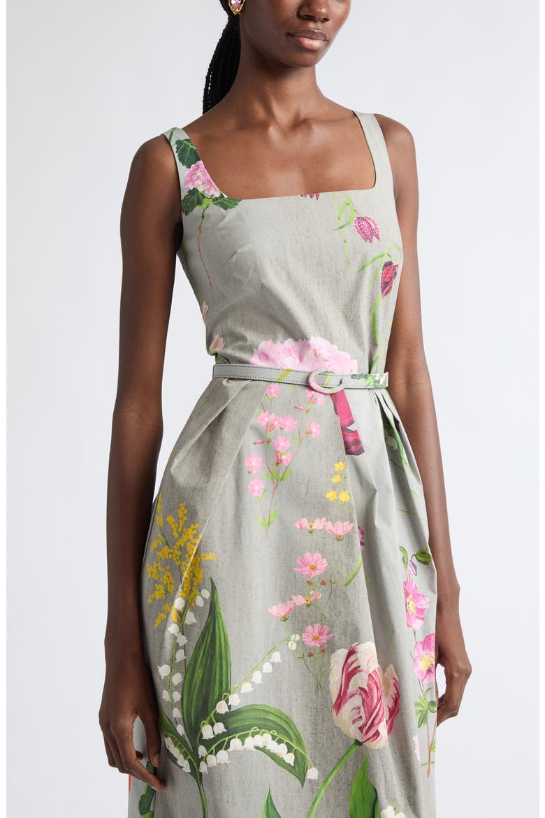 Mixed Botanical Pleated Cotton Stretch Poplin Midi Dress, Alternate, color, GREY MULTI