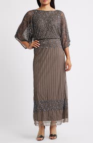 Pisarro Nights Beaded Blouson Split Sleeve Gown
