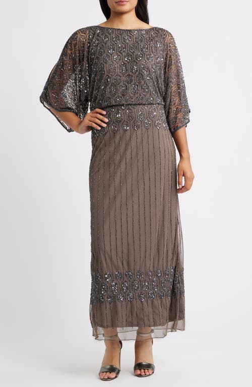 Pisarro Nights Beaded Blouson Split Sleeve Gown In Silver