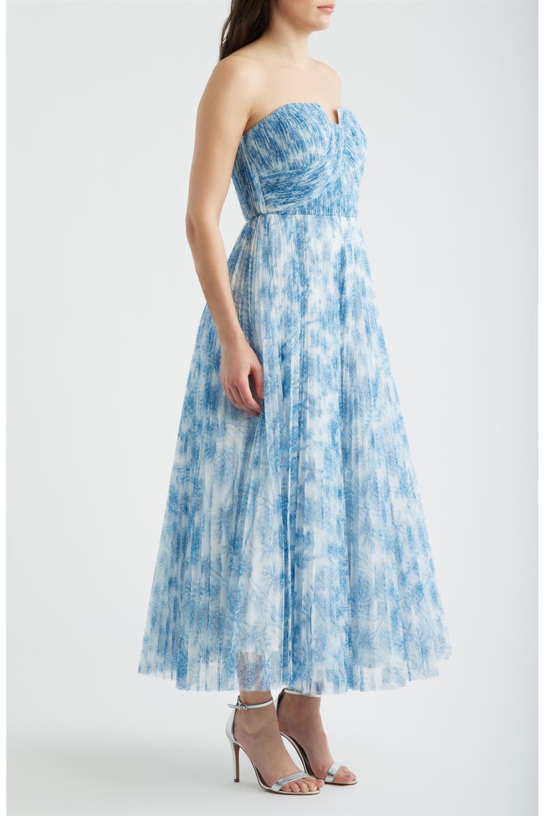 Pleated Strapless Mesh Gown, Alternate, color, WHITE/ BLUE INKED CHINOISERIE
