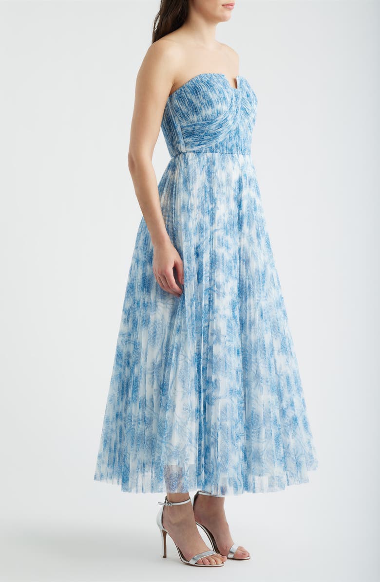 Hutch Pleated Strapless Mesh Gown, Alternate, color, White/ Blue Inked Chinoiserie