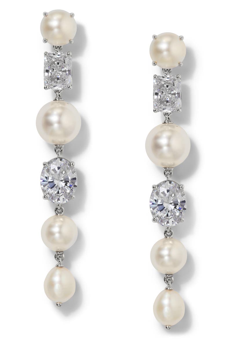 London Cultured Pearl Mixed Linear Drop Earrings, Main, color, RHODIUM