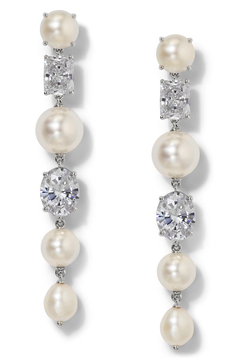 Nadri London Cultured Pearl Mixed Linear Drop Earrings, Main, color, Rhodium