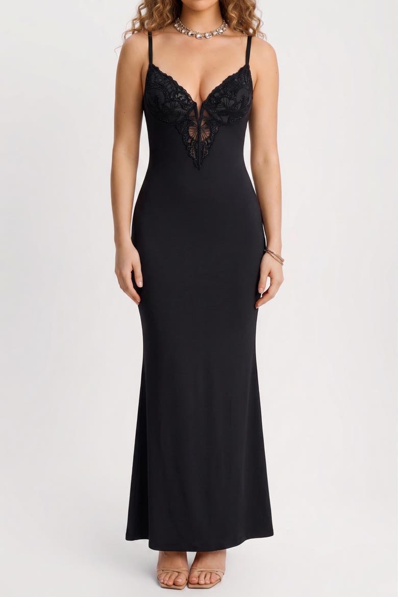 All-in-One Built-In Shapewear Lace Split Maxi Slip Dress, Main, color, Midnight Black