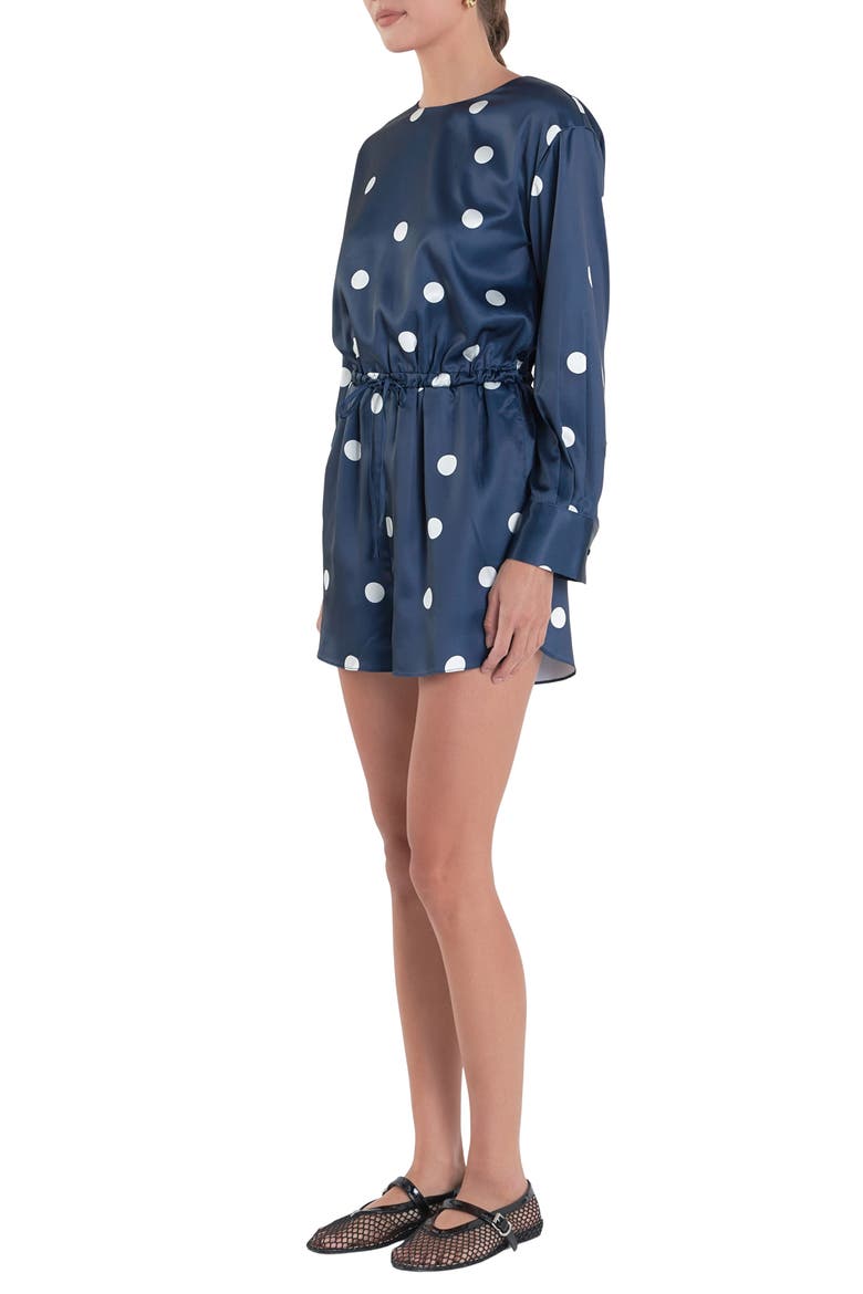 Polka Dot Long Sleeve Satin Romper, Alternate, color, DARK NAVY/ OFF WHITE