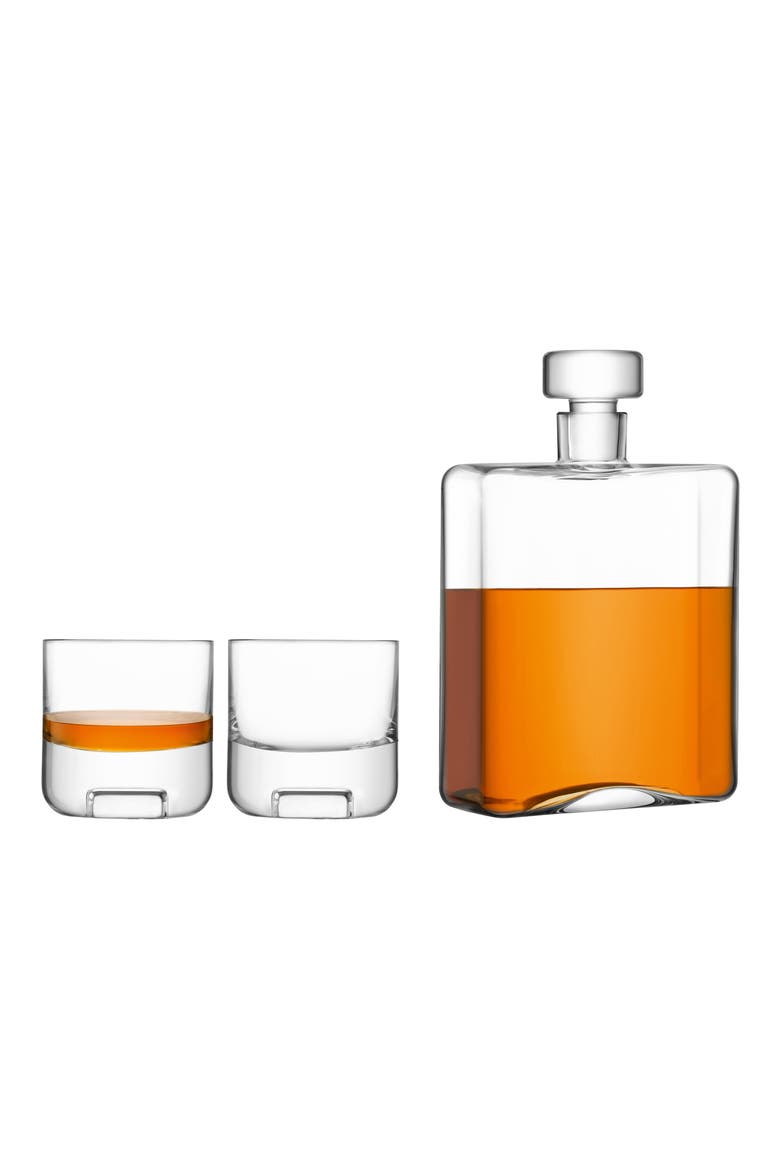 Cask Whiskey Decanter & Set of 2 Glass Tumblers, Main, color, CLEAR