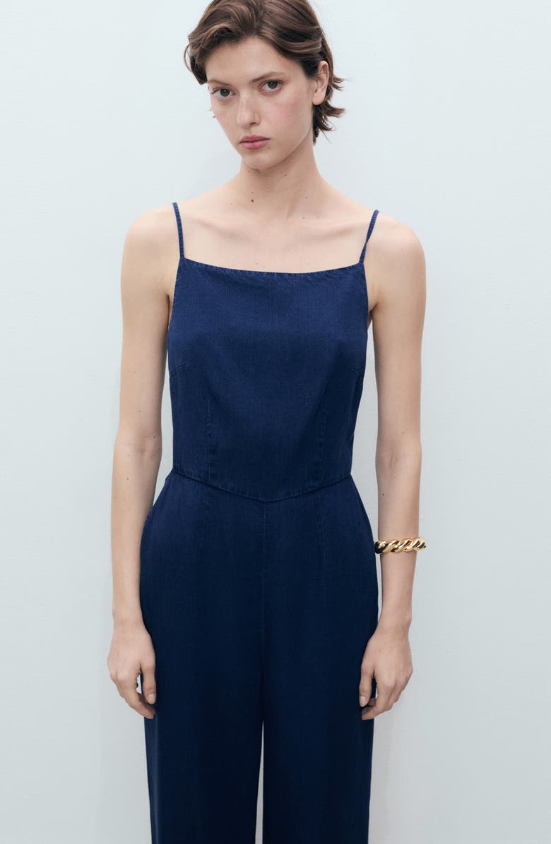 MANGO Wide Leg Chambray Jumpsuit, Alternate, color, Dark Blue