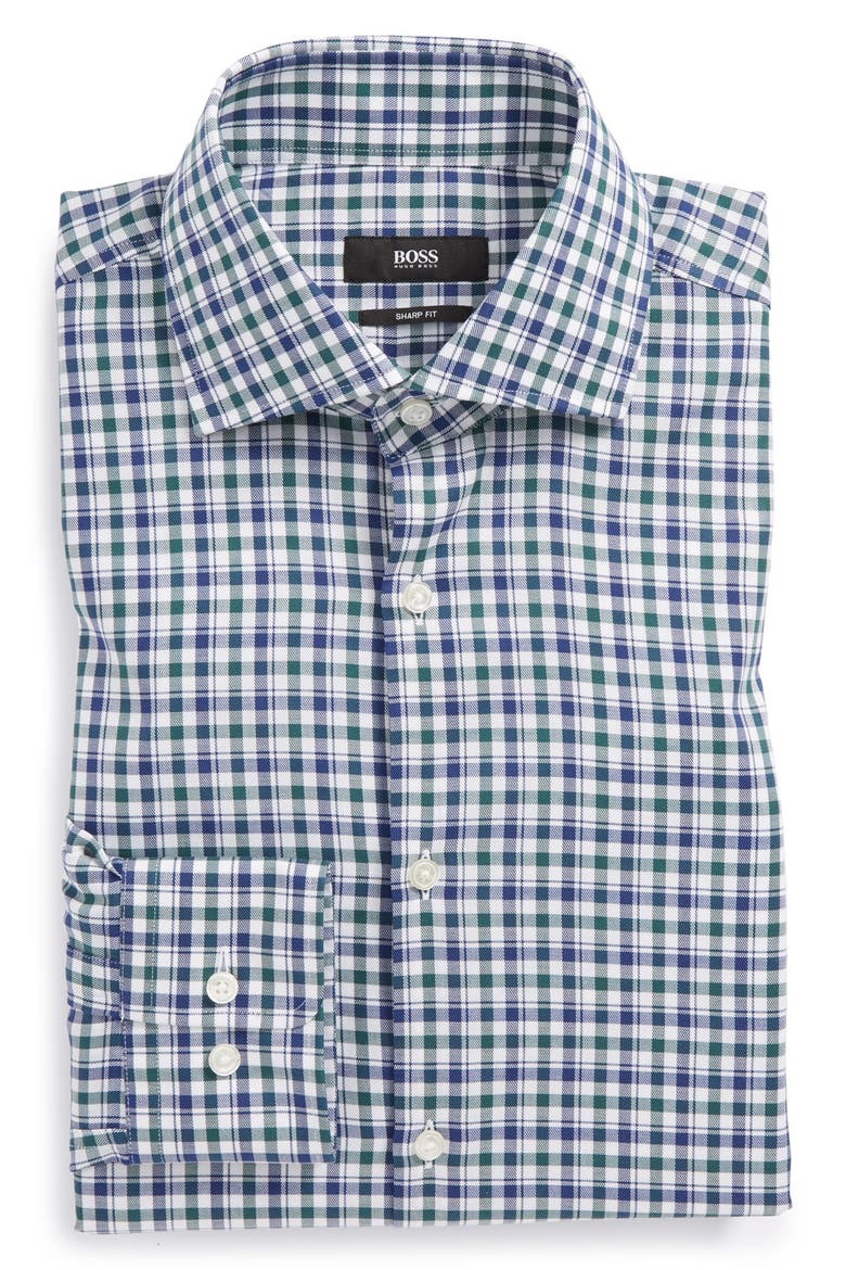 HUGO BOSS 'Miles' Sharp Fit Plaid Dress Shirt, Main, color, GREEN
