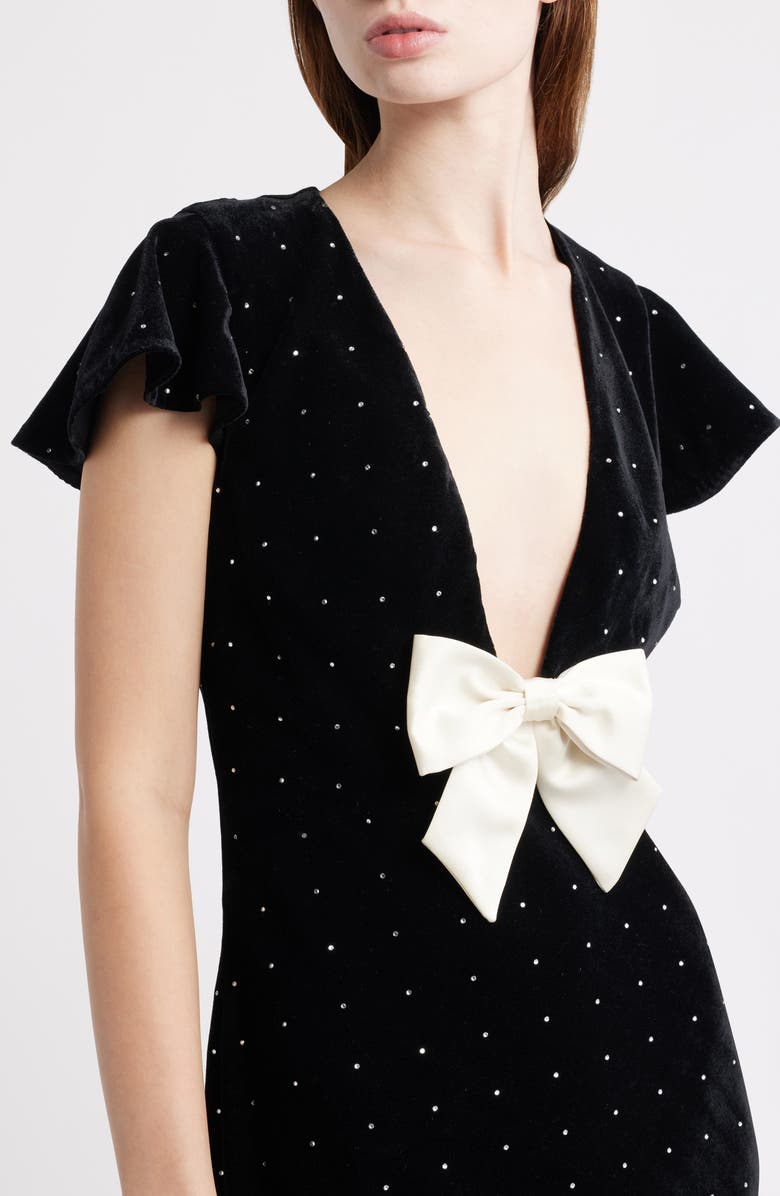 LoveShackFancy Melora Rhinestone Bow Velvet Maxi Dress, Alternate, color, Black