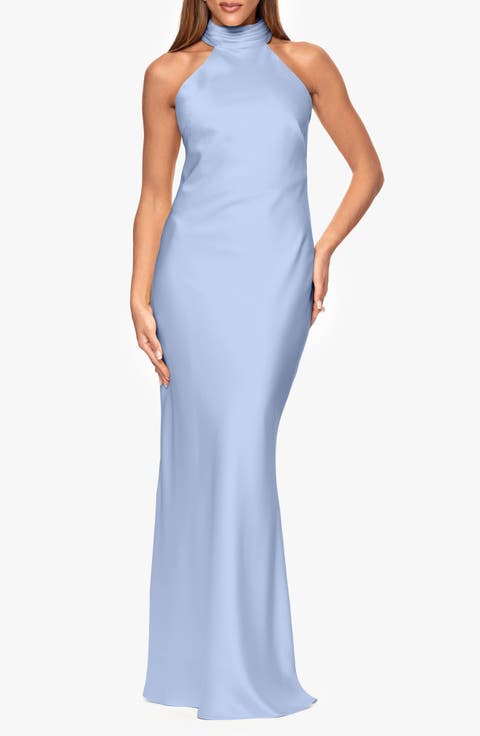 Xscape Evenings Halter Neck Satin Sheath Gown (Regular & Petite)