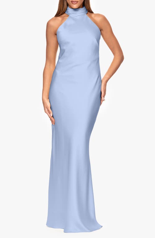 Xscape Evenings Halter Neck Satin Sheath Gown In Light Blue