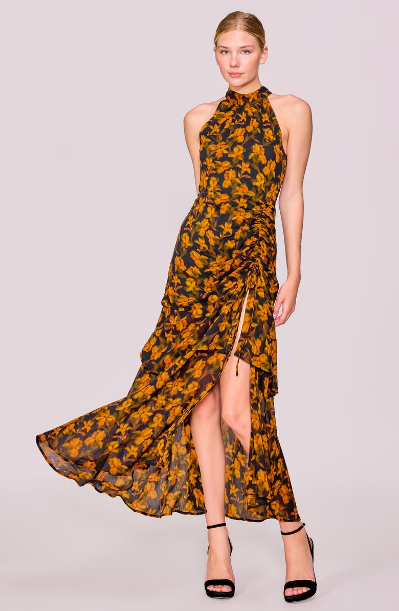 MELLODAY Floral Print Shirred Sleeveless Dress, Alternate, color, Black Orange Floral