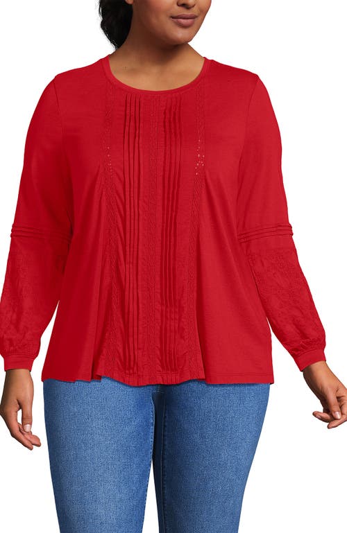 Lands' End Plus Size Lightweight Jersey Lace Mix Long Sleeve Pintuck Top In Red