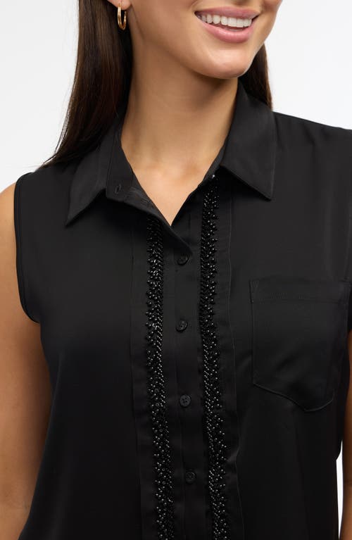 Ellen Tracy Beaded Sleeveless Button-up Shirt In Black