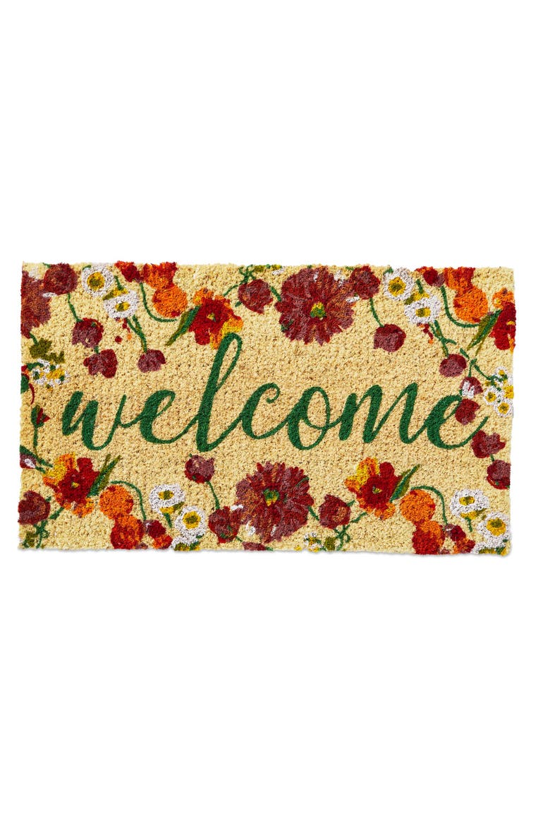 Blooming Welcome Coir Mat Indoor Outdoor Rectangle Door Mat, Main, color, Yellow