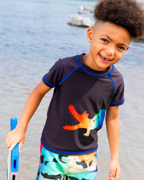 DEUX PAR DEUX DEUX PAR DEUX LITTLE BOY'S SHORT SLEEVE RASHGUARD BLACK AND MULTICOLORED CROCODILES 