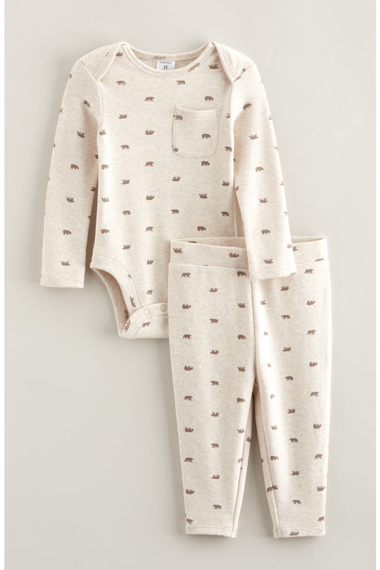 Bear Print Long Sleeve Cotton Bodysuit & Leggings Set, Main, color, BEIGE OATMEAL LT HTR BEARS