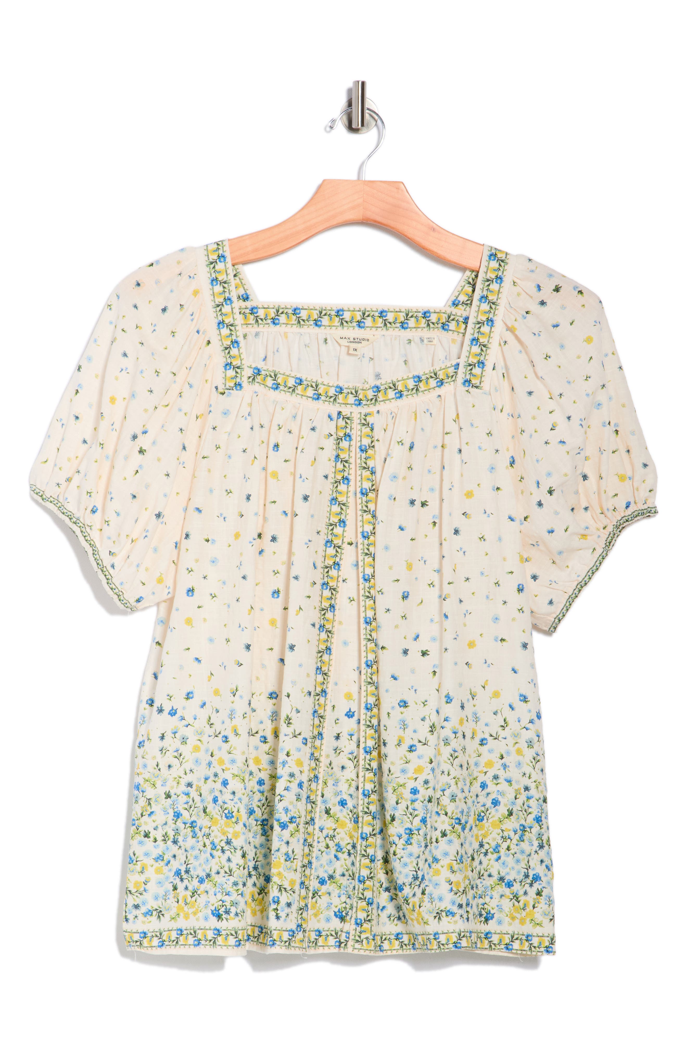 MAX STUDIO Square Neck Puff Sleeve Cotton Blend Top