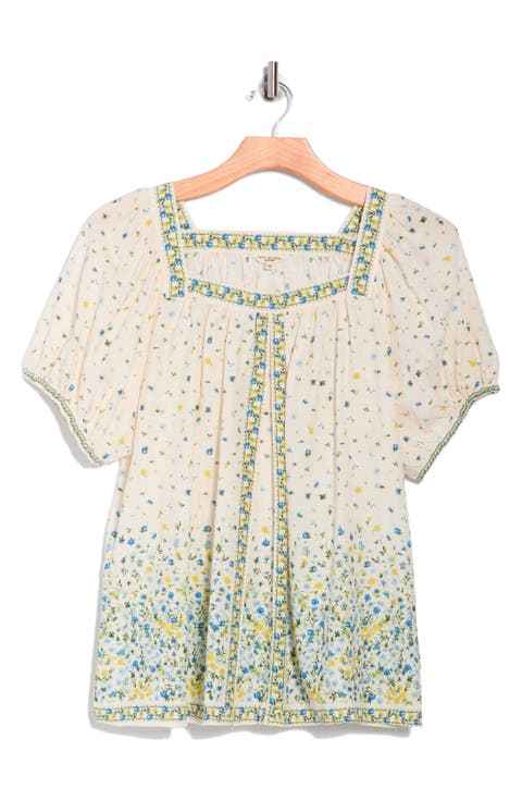 Square Neck Puff Sleeve Cotton Blend Top (Plus)