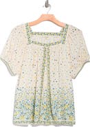 MAX STUDIO Square Neck Puff Sleeve Cotton Blend Top