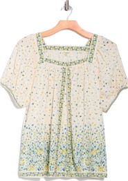 MAX STUDIO Square Neck Puff Sleeve Cotton Blend Top