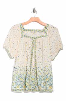 MAX STUDIO Square Neck Puff Sleeve Cotton Blend Top